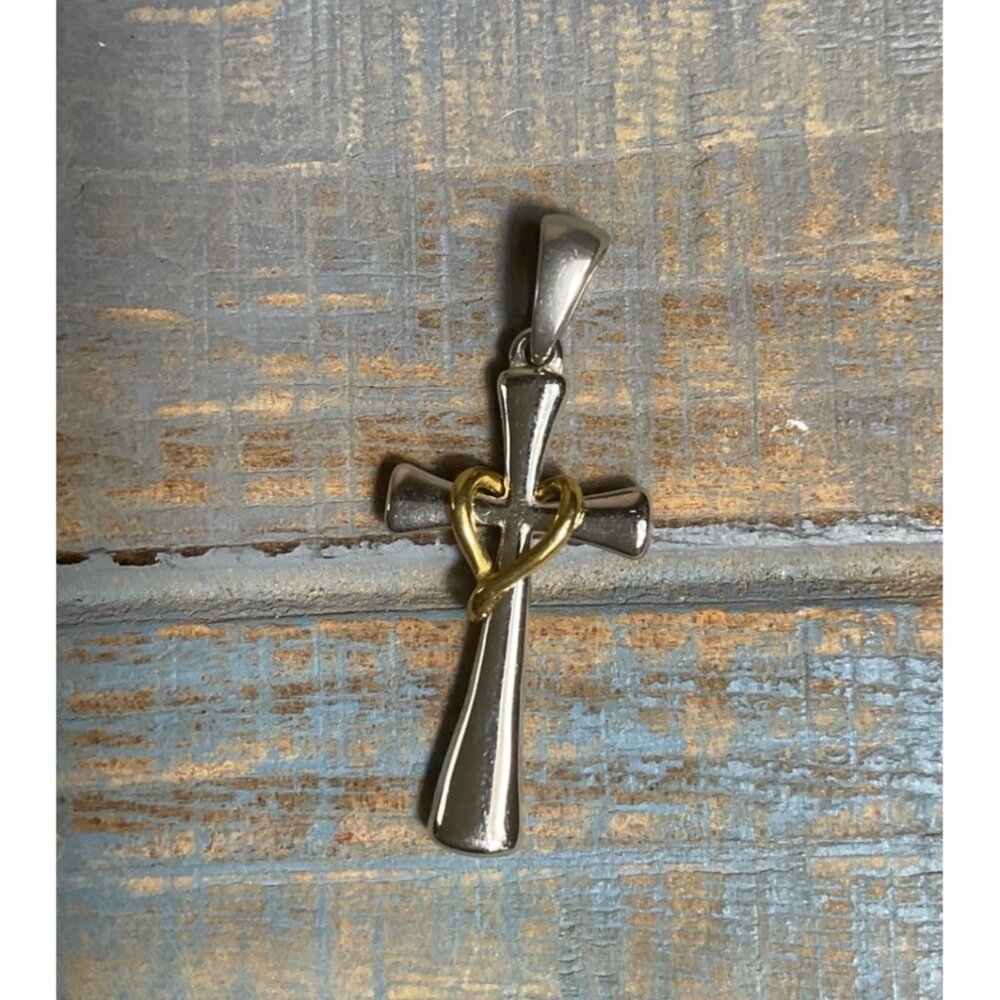Stainless Steel Two-Tone Cross Pendant With Gold Accent